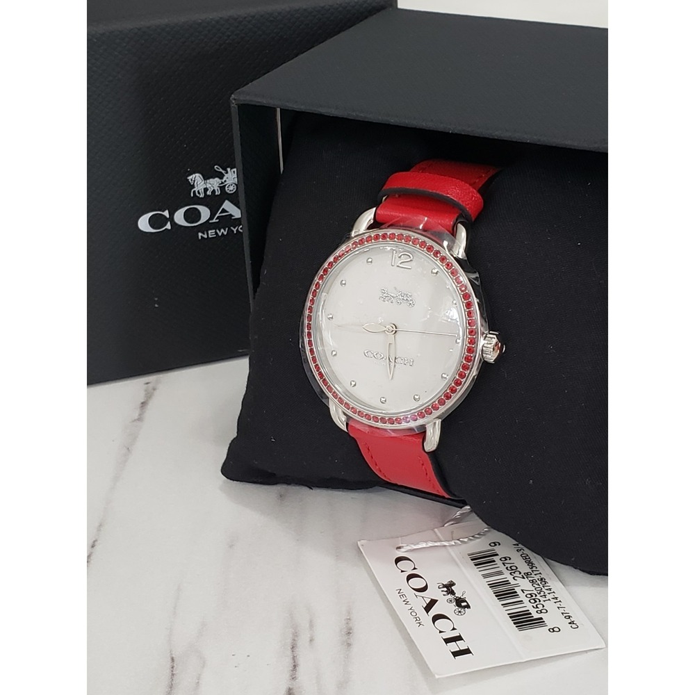NEW COACH Red Leather Crystal Rhinestone Silver Plated Ladies Watch Leather Y2k - Picture 7 of 7